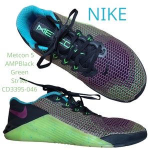 Rare Nike men's Metcon 5 AMP Black Green Strike sneakers CD3395-046 USA 7.5